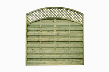 Decorative fence panel also well known as Reinas Fence Panel features horizontal timber boards that are placed along a supporting frame with space between each board and a lovely arch trellis on top.