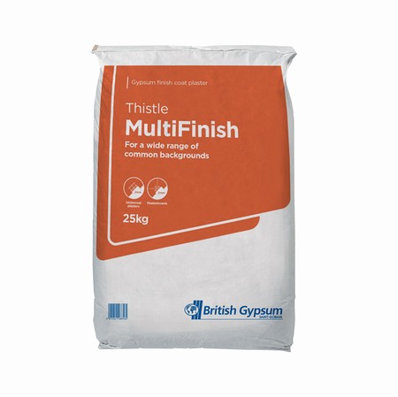 This Multi Finish 25kg is plasterers' first choice for finishing most backgrounds. Quick and easy to apply, it has excellent workability and a reliable setting time.  Multi Finish 25KG is a gypsum finish plaster for use on a wide range or backgrounds. It provides a smooth, inert, high quality surface to internal walls and ceilings, and a durable base for the application of decorative finishes.